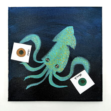 Original Painting: Squid holding CHOIR + GRUNGE records