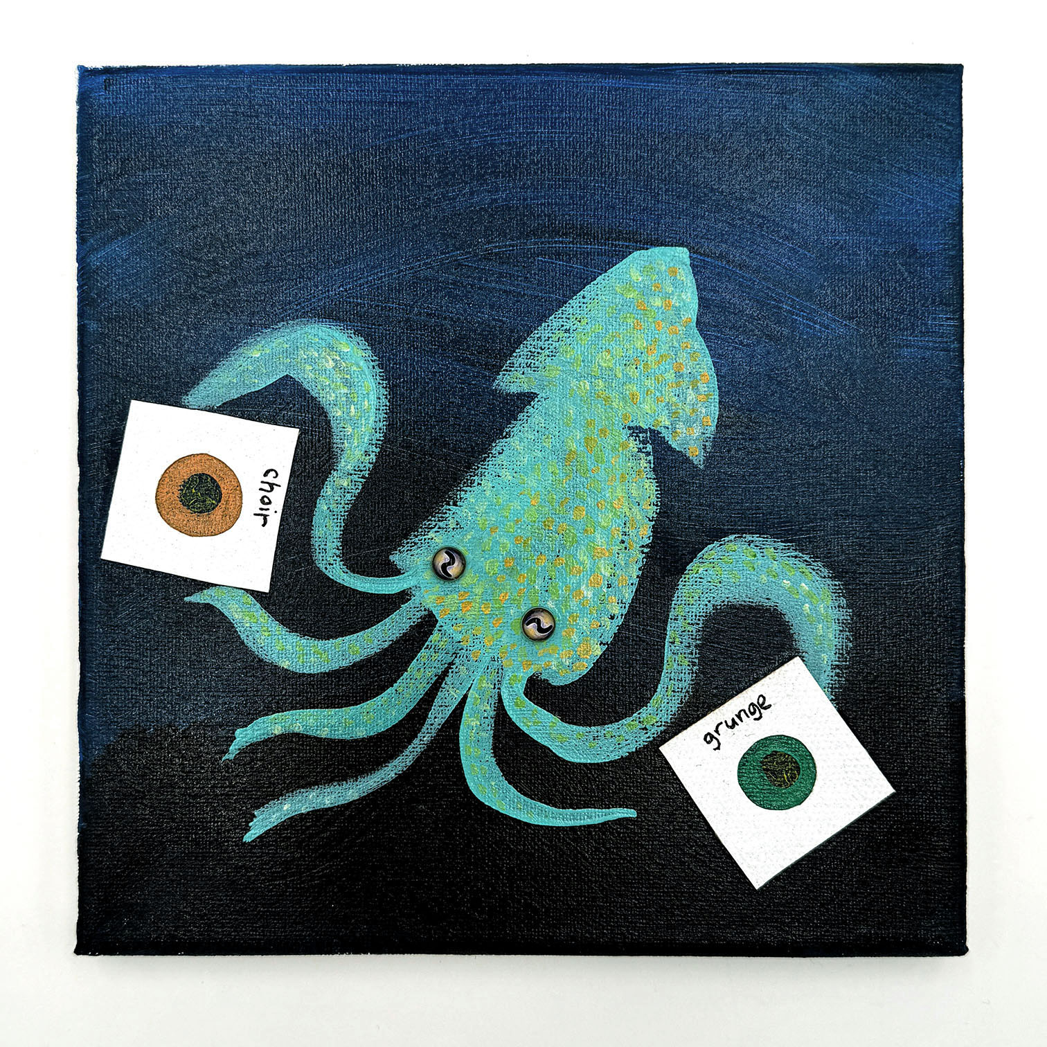 Original Painting: Squid holding CHOIR + GRUNGE records