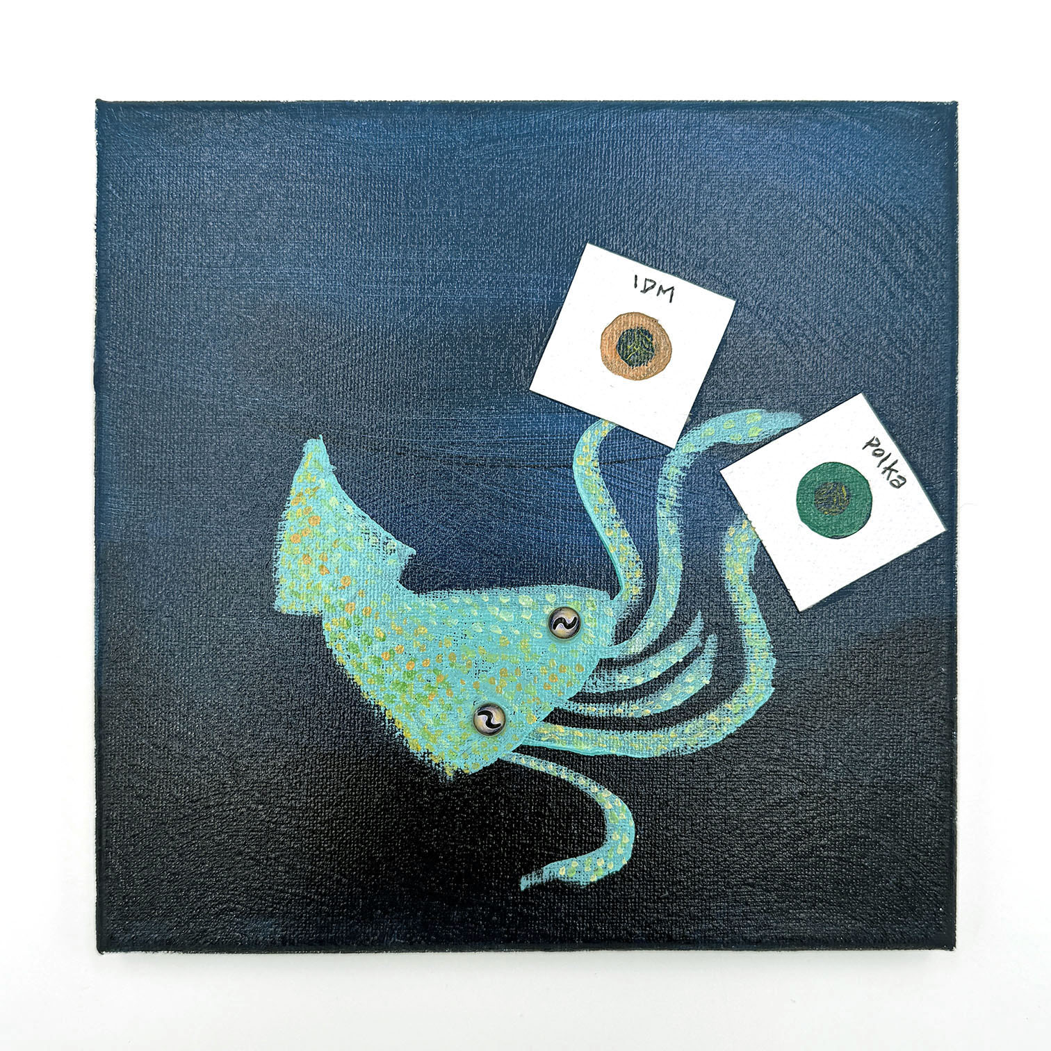 Original Painting: Squid holding IDM + POLKA records