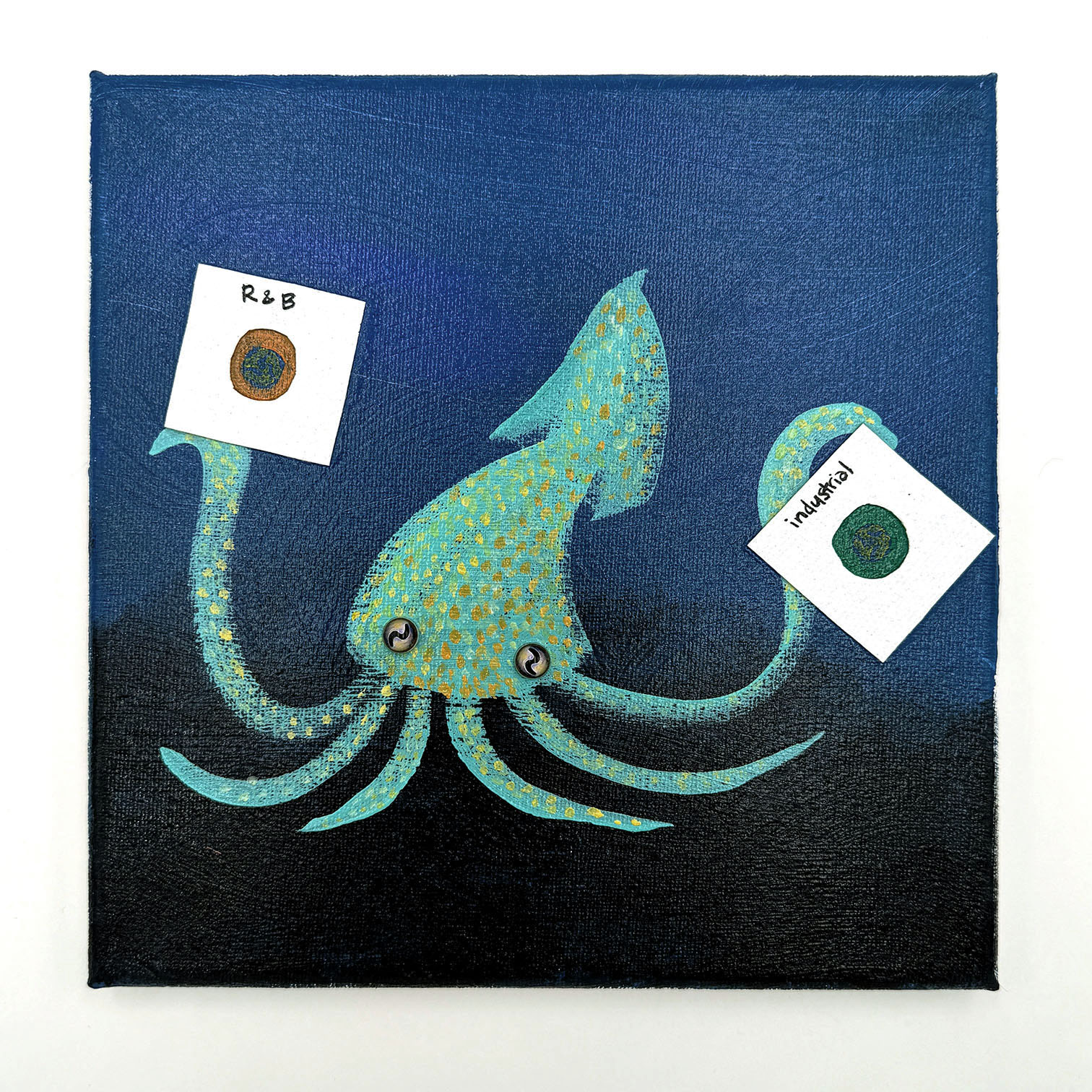 Original Painting: Squid holding R&B + INDUSTRIAL records