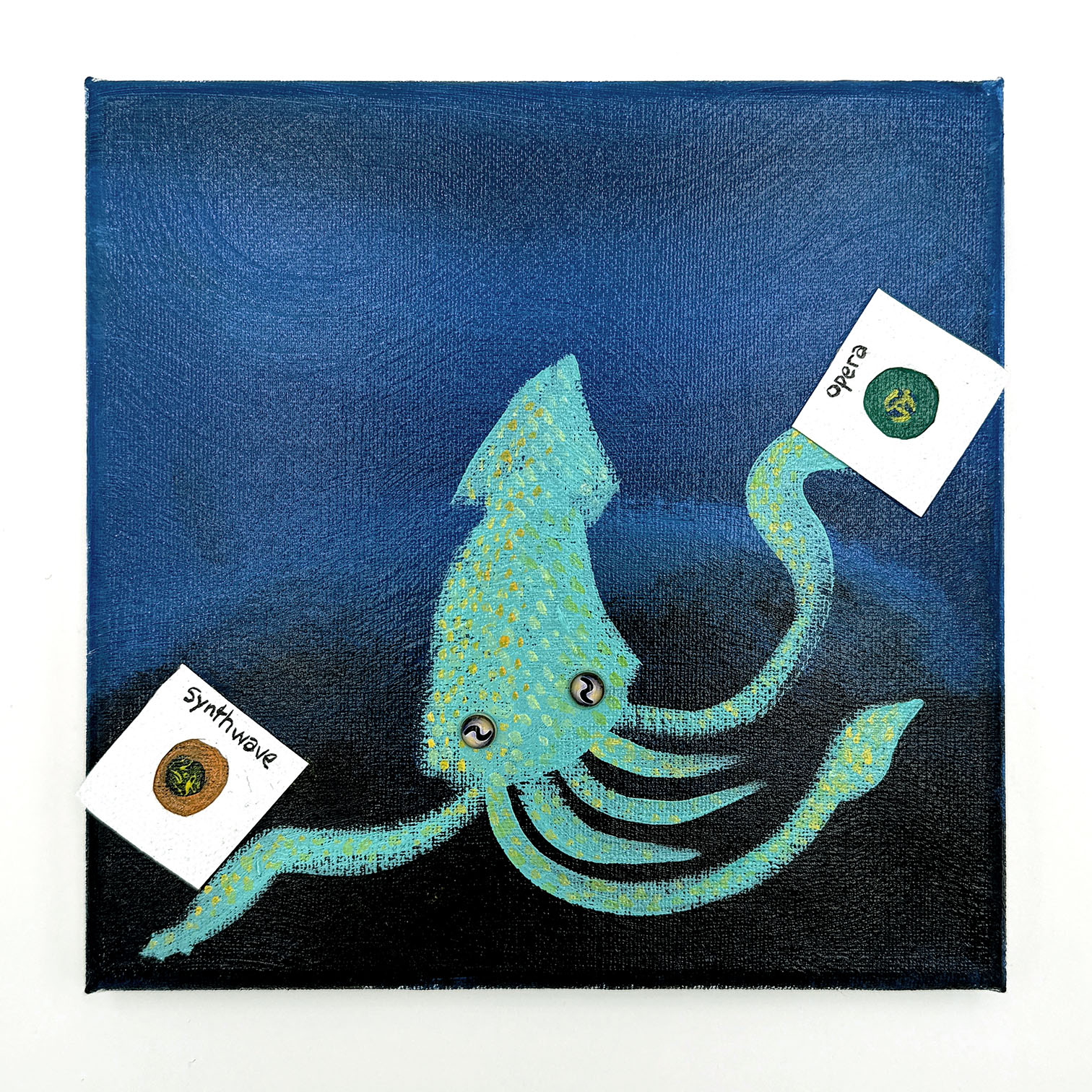 Original Painting: Squid holding SYNTHWAVE + OPERA records